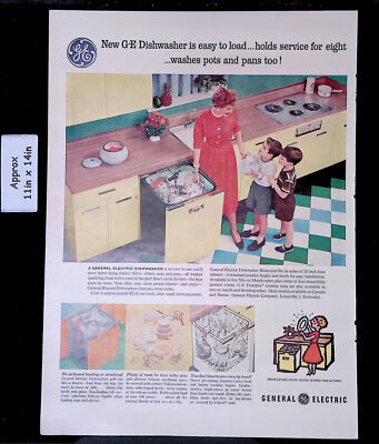 #ad 1956 GENERAL ELECTRIC DISHWASHER Mom hands Son Clean Dishes Print Ad 47763 $9.97