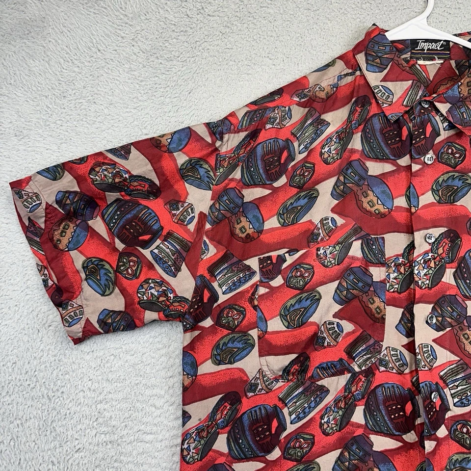 Impact Shirt Mens Medium Red Allover Print Silk Button Up Aztec Pottery Casual - Image 4 of 4