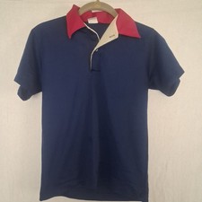 Vtg 70s Montgomery Ward Polo Shirt Boys 18 Youth XL Blue Red Poly Disco Dagger
