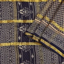 Indian Vintage Sari Beige Black Printed Pure Cotton Sarees Craft Fabric 6Yd