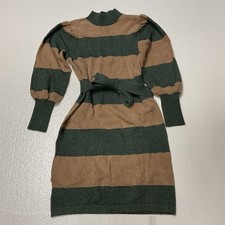 Ann Taylor Sz M Sweater Dress Striped Belted Knit Beige Green Midi Pullover