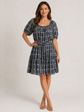 Nwt Karen Kane Sky & Sand Dress Blue White Boho Peasant Puff Sleeve 1X Coastal