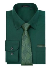 Mens Dress Shirt Long Sleeve with Tie Set Formal Button Down Business Green D...