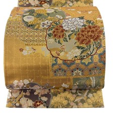 Japanese Silk Fukuro obi Peony Mandarin duck Foil Kin Iro Masterpiece With seal