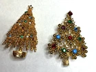 2 Vintage Eisenberg Ice Gold tone Christmas Tree Multicolored Rhinestones
