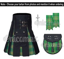 Men's Scottish Utility Black Cotton Hybrid Tartan Pleat Kilt Sporran Pin Flashes