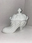Vintage Fenton White Milk Glass Hobnail Lidded Victorian Shoe Candy Dish