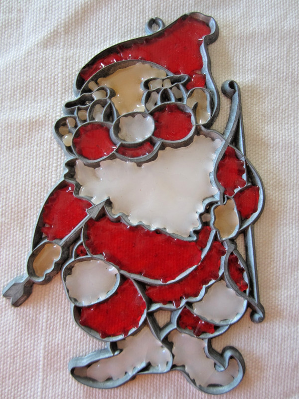 VTG SANTA ELF w/ Bow & Arrow Suncatcher Ornament Flat Plastic Metal Stain Glass