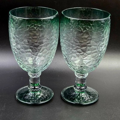 Libbey Glass Co Frost Crackle Texture Set of 2 Water Goblets Juniper Green Rim