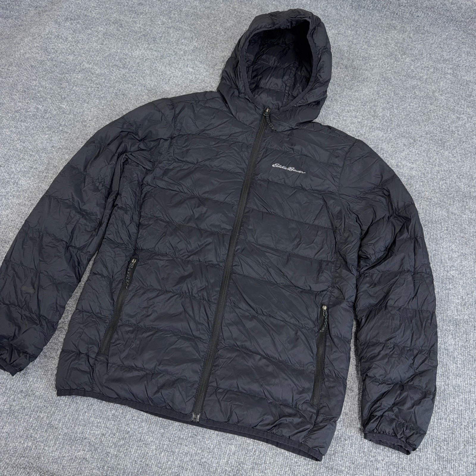 Eddie Bauer Jacket Men Small Black Down Insulated Puffer Hooded Full Zip *READ