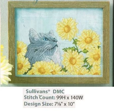 GRAY CAT FLORAL  CROSS STITCH PATTERN ONLY - YD  SEA