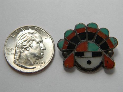 Vintage Signed UUE Multicolor Chief Headdress Zuni 925 Sterling Silver Pendant - Picture 2 of 4
