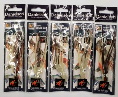 Five (5) Danielson Rigged Squid Bait SQDR40 BRN SPT / ORG  GLOW  4.5 Inch  | A8