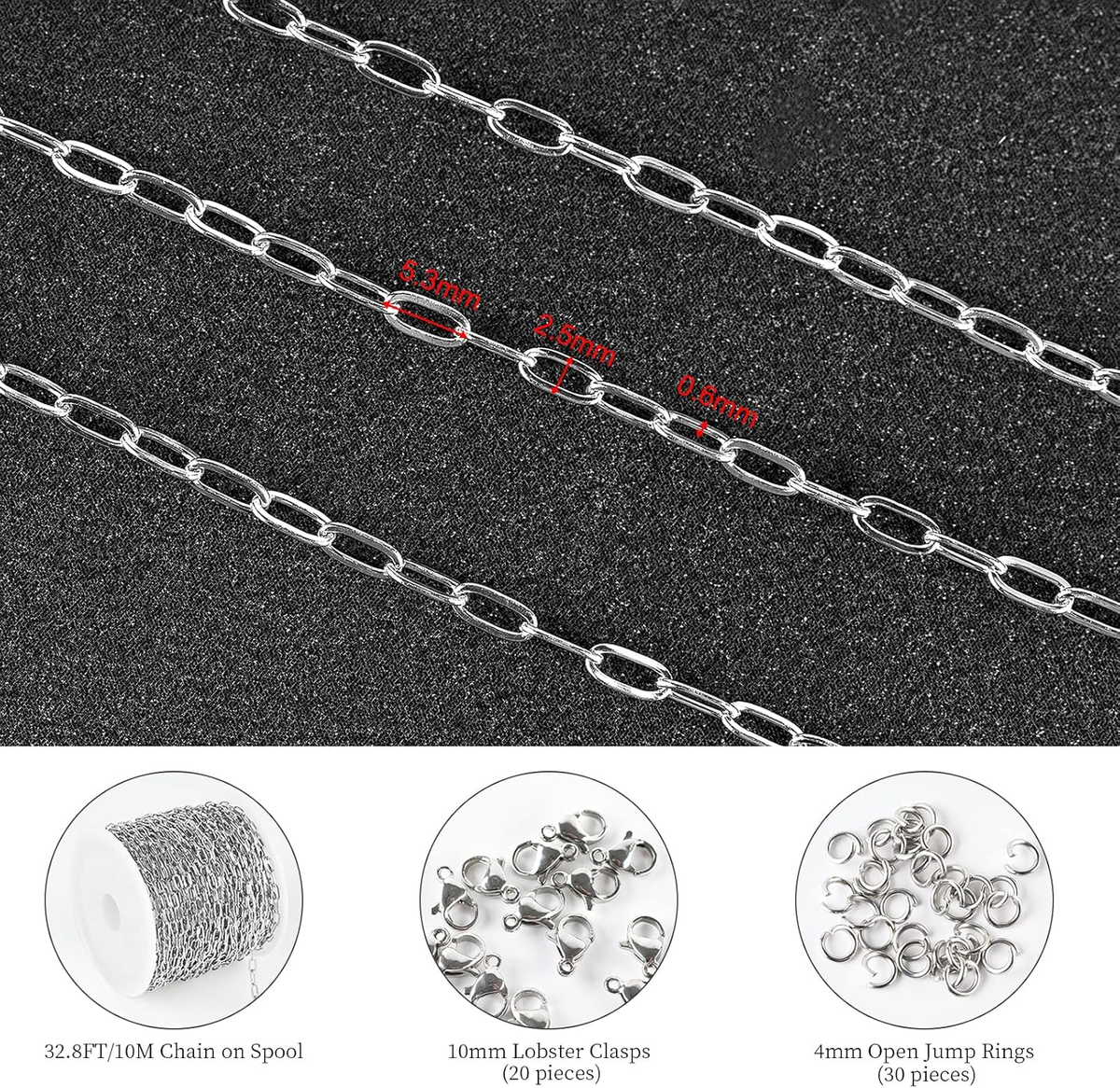 KYUNHOO 33 Feet Silver Stainless Steel Chain For Jewelry Making - 4MM Round Link With Clasps & Rings - View #6
