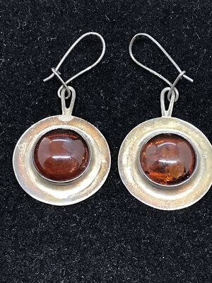 Vintage Sterling Silver 925  Amber Stones Pierced  Earrings   Makers Marked MW