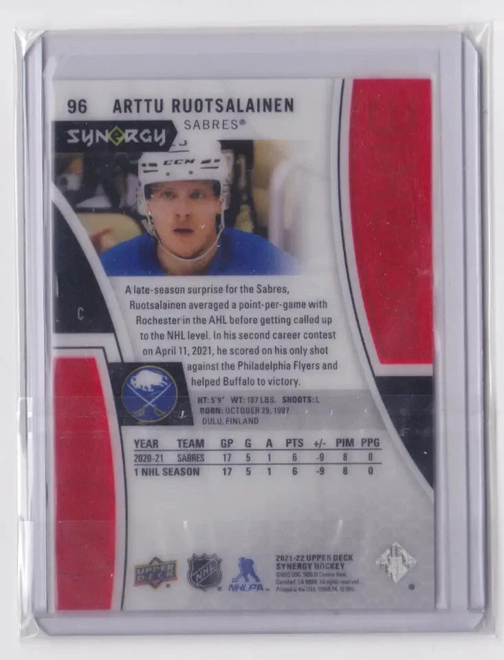 2021-22 UD SYNERGY RED ROOKIE BASE ARTTU RUOTSALAINEN #96 BUFFALO SABRES - Image 2 of 2