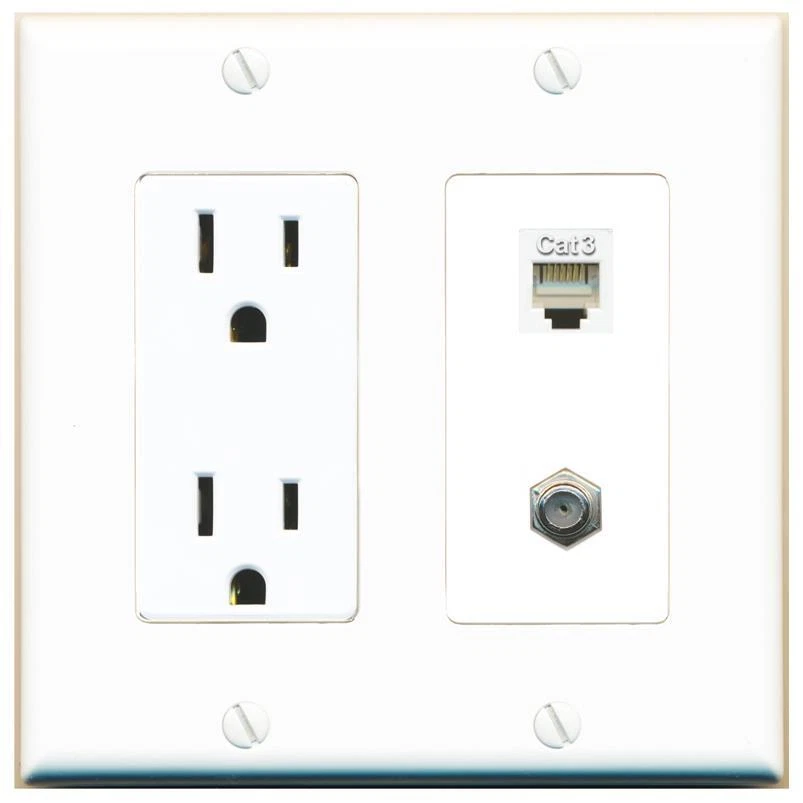 2 Port Electrical Outlet Cover Plug Jack White UL 2 Gang COAX