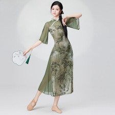 Women Cheongsam Latin Dance Qipao Dress Ballroom Dancewear Retro Ethnic
