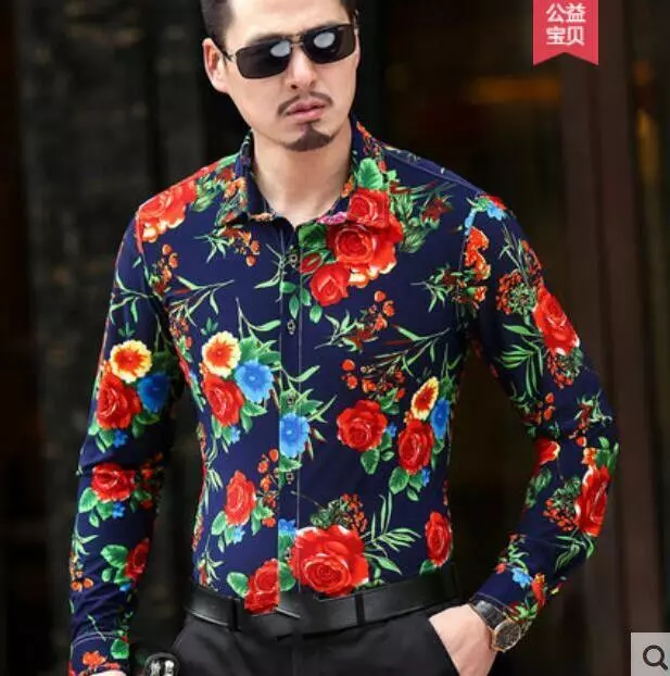 Men Summer Floral Flower Print Shirt Long Sleeve Hawaiian Shirt Dress Shirt Tops