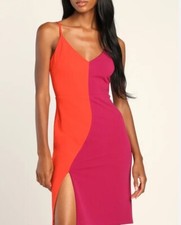 Lulus Perfect Duo Coral Red and Purple Color Block Bodycon Mini Dress Size Large