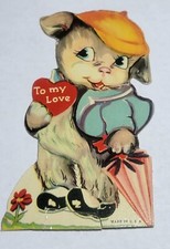 vintage standing Valentine Day Card PUPPY Dog w Umbrella & Heart made in USA