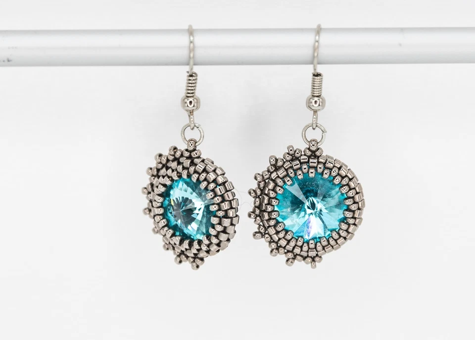 Ohrringe Türkis Silber rund Swarovski Element Unikat Schmuck 925 Silber Ohrhaken - Bild 3 von 4