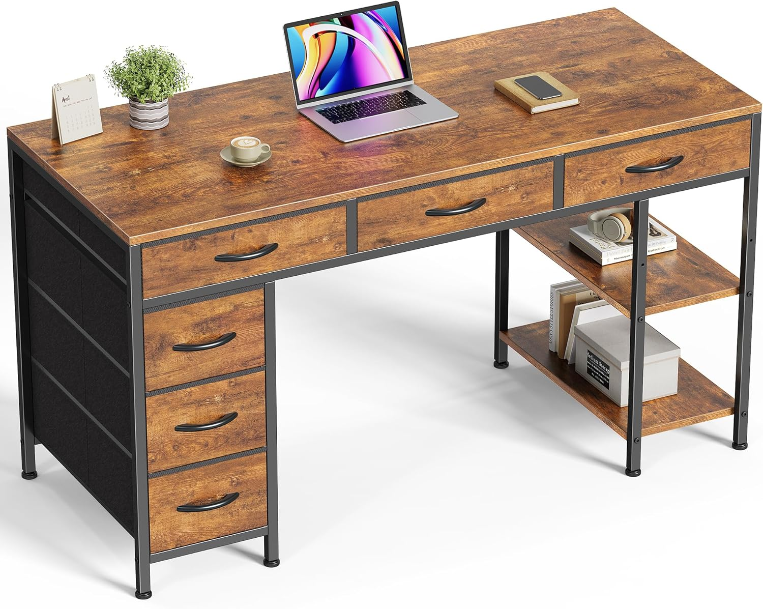 Computer Desk with 6 Drawers, 47 Inch Office Desk with Shelves, Reversible Gamin-image