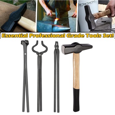 4Pcs Knife Making Tongs Set and Blacksmiths  Hammer Assembled Blacksmith Set-