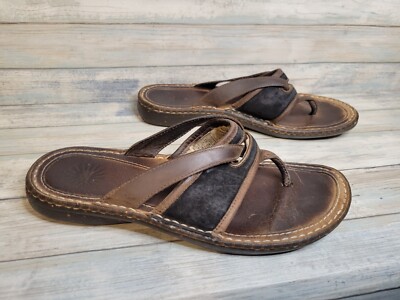 Ugg Brown Leather Sandals Womens Size Sheepskin Lining Thongs Flip Flops 