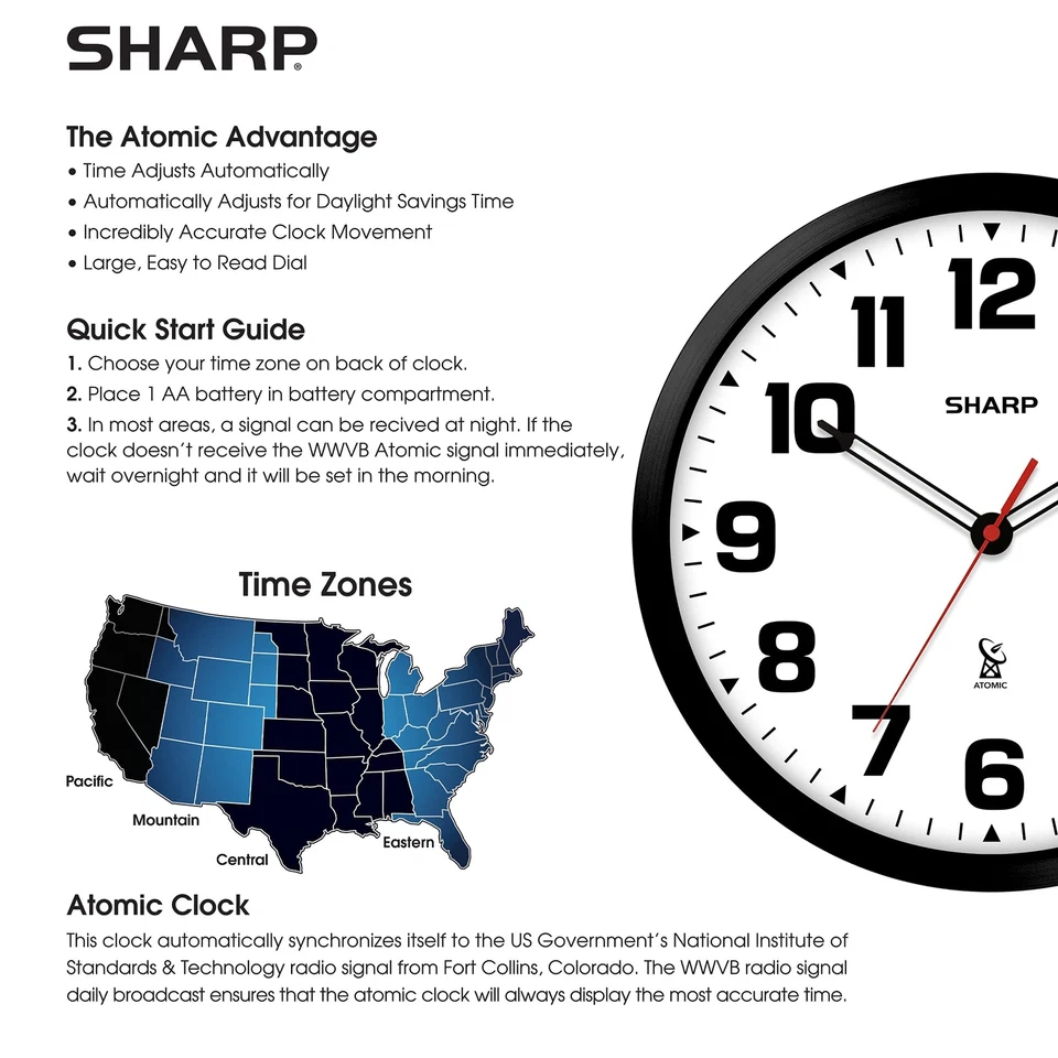 Sharp Atomic Analog Wall Clock - 12" Black Stylish Frame - Sets Automatically- B - Image 4 of 4