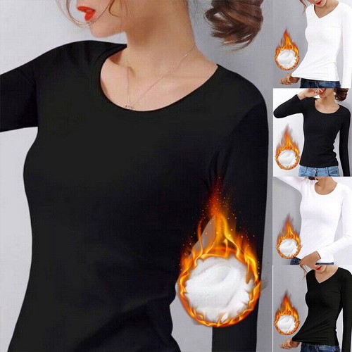 Women Lady Long Sleeve Thermal Tops Round V-Neck Stretch Winter Warm Shirt Soft - Picture 2 of 18