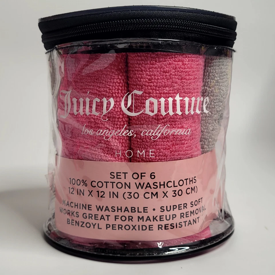 Juicy Couture Pink Gray Cotton 12 X 12 Washcloths Set Of 6 Barbie Cute NIP - Image 2 of 4