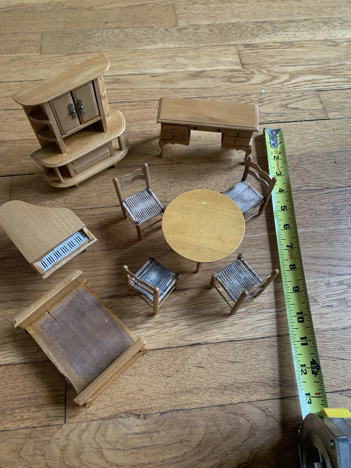 Vintage Dollhouse Miniature Furniture Wood Desk Piano Bed Table (Lot of 9) - Image 2 of 4