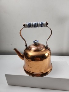 Vintage Copper and Brass Tea Kettle with Ceramic Handles Blue and White Korea