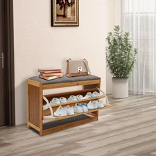 2-Tier Entryway Bamboo Shoe Bench with Seat Cushion Shoes Rack Organizer Cabinet