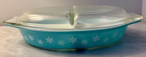Vintage PYREX Blue & Snowflake Double Compartment Serving Dish Oval with Lid