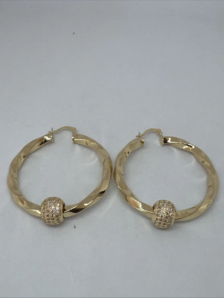 9ct Yellow Gold Guilded Chunky 50 mm Twist Hoop Earrings With Crystal Balls - Image 3 of 4