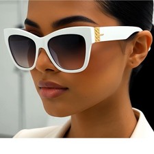Cat Eye Sunglasses White Frame Gold Accent Black Lens UV400 Protection Lentes
