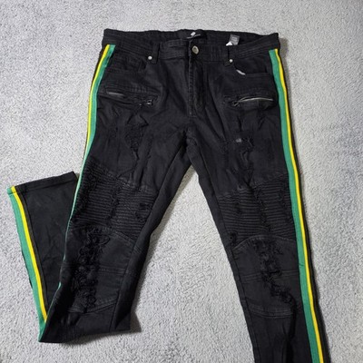 Focus Jeans Mens 36x34 Moto Biker Slim Black Distressed Green Yellow Side Stripe