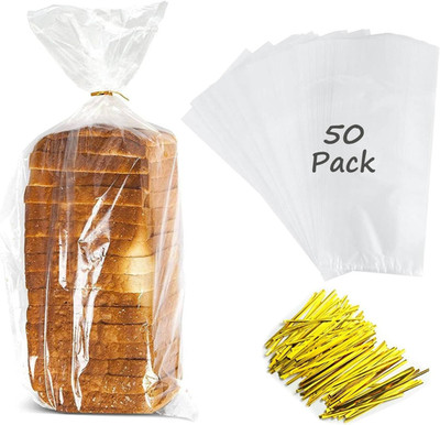 50 Clear Bread Bags 8x4x18 Plastic Bakery Storage Bags with Twist Ties