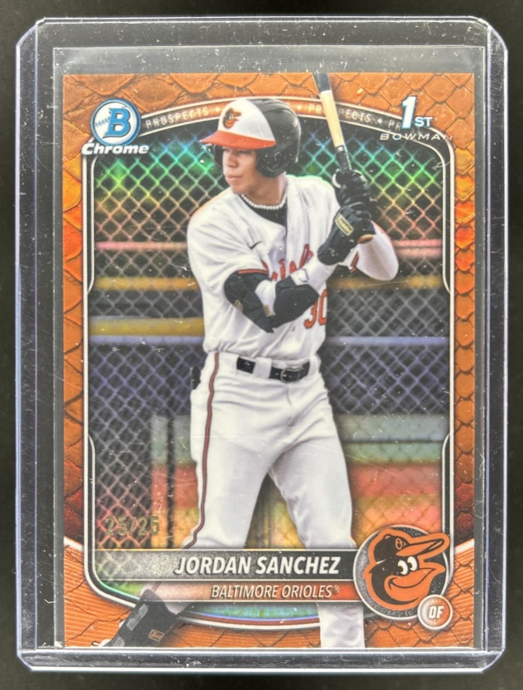 2025 Bowman Chrome Jordan Sanchez Reptilian Orange Refractor 1st #/25 Orioles