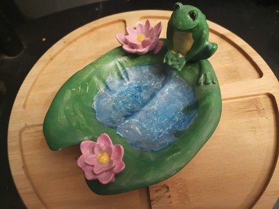Resin Frog Figurine on Lily Pad with Pink Flowers Decorative Collectible