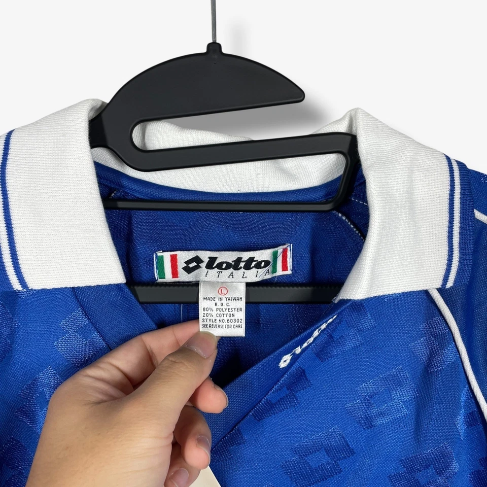 Vintage Lotto Italia Soccer Jersey Mens L Blue White Trim Patterned Retro NWT - Image 2 of 4