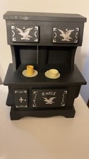 Handmade Play Kids Vintage Wooden Stove And Oven With Open Doors And Dishes