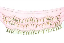 PINK Middle Eastern 3 ROWS ornament Coins BELLY Dance sheer Costume HIP SKIRT