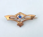 Antique Art Nouveau Gilded Brooch with Blue Stone Handmade Original German