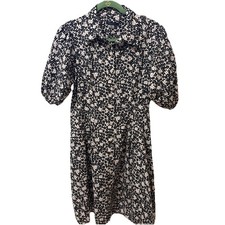 Tommy Hilfiger Dress Puffy Sleeve Button Collar Floral Sz 8 Blk White