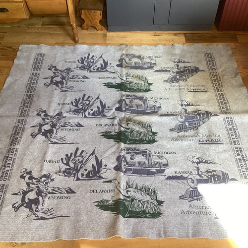 Vintage U-Haul Moving Blanket Blue And Green 77x72 States.