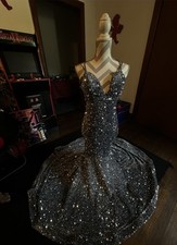 Women  s Silver Sequin V-Neck Mermaid Gown Long Formal Dress Straps