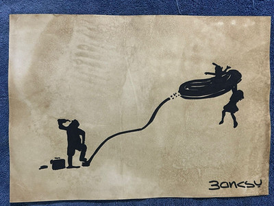 banksy drawing and painting on old paper signed stamped vintage